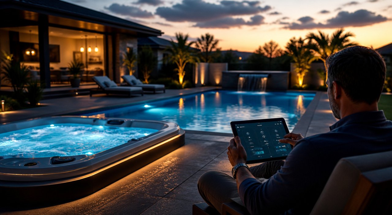 Inviting pool and spa area beside a home